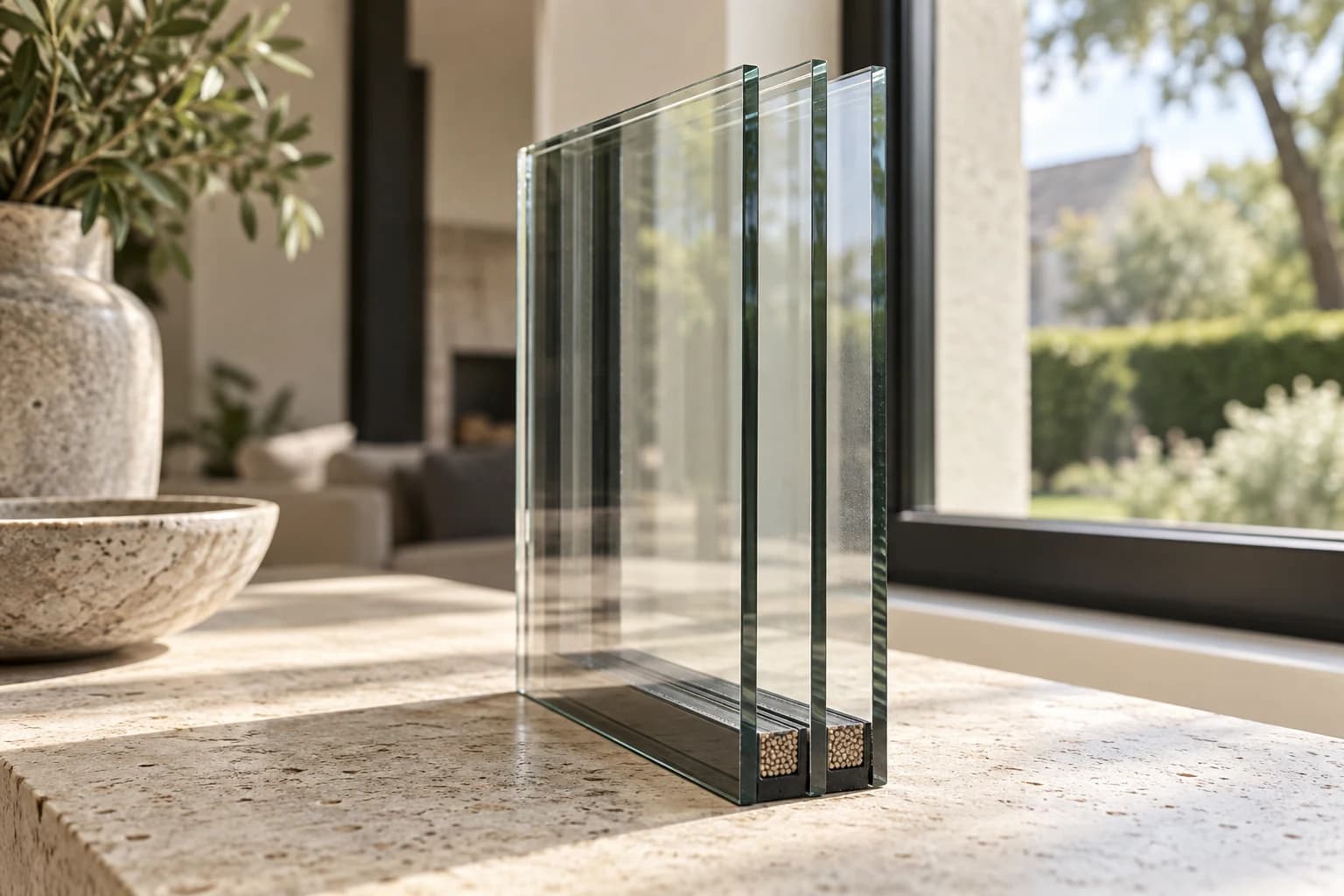 Sfeerbeeld van een isolatieglasmonster op een lichte tafel